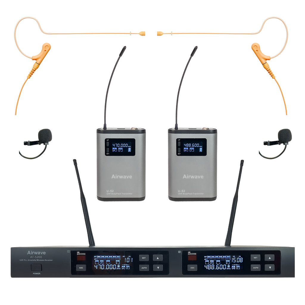 2 Ch Wireless Microphone System with 2 Lavalieres and 2 Headsets
